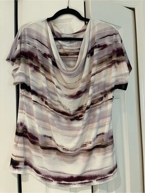 Calvin Klein Mauve and Cream Watercolor Stripe Draped-Neck Top